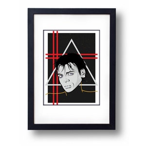 May include: A black and white illustration of a man's face with a triangle and red lines behind him. The background is black with white speckles.