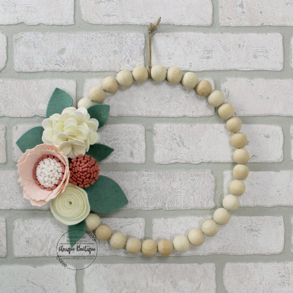 Felt Flower Wood Bead hoop Wreath, 10" Spring Felt Flowers decor, Dusty rose, Blush Pink, Ivory flowers, Floral wall decor, door hanger