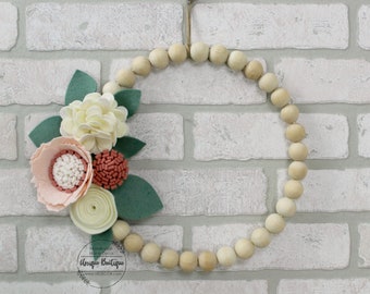 Felt Flower Wood Bead hoop Wreath, 10" Spring Felt Flowers decor, Dusty rose, Blush Pink, Ivory flowers, Floral wall decor, door hanger