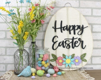 Happy Easter Sign with Flowers, Easter Egg Door Decor, Spring door hanger, Wood shiplap sign, Spring Floral Wreath for front door, Flowers