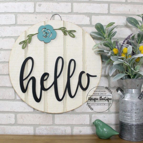 Hello Sign for front door, Year round door wreath, Farmhouse Wall Decor, housewarming gift, wood signs for home decor, Entryway Porch Decor