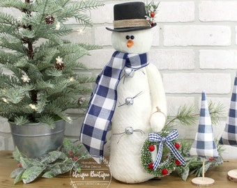 Fabric Snowman with buffalo plaid scarf, Farmhouse Christmas decor, Navy and white plaid, Christmas wreath, Buffalo Check Snowman Decor