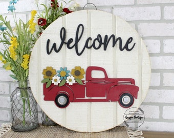 Front Door Decor, Vintage Red Truck flowers sign, Welcome Door Hanger, Sign for front door, Wood door sign, Summer Door wreath, 19.5 round