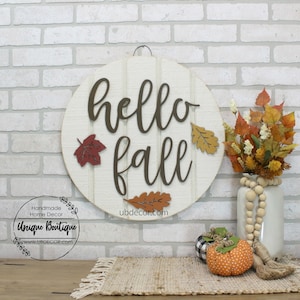 Hello Fall Door Sign, Fall Door Hanger, Autumn Fall Leaves, Rustic wood Shiplap sign, Modern Front door decor, Fall Wreath for front door