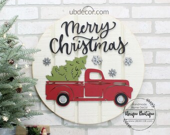 Merry Christmas Door Hanger, Red Truck Christmas Tree sign, Wood door sign, 19.5", Farmhouse Christmas Decor, Front door Decor Winter wreath