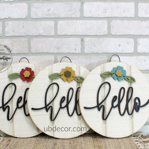Mini Hello Sign, 11&quot; Small Wood Shiplap Sign, Blue Red Mustard Flower, Modern Farmhouse Wall Decor, Rustic Door Hanger, Shelf Sign, Gift