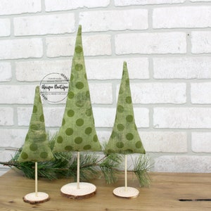 Green Polka dots Fabric Christmas Trees, Farmhouse Christmas decor, Set of 3, holiday Mantel decor, Birch Wood Slice base, Stuffed trees