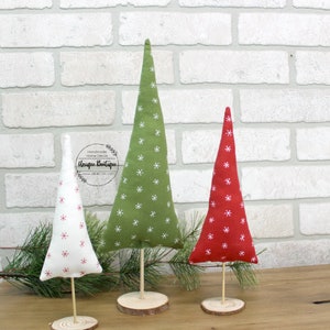 Red Green White Snowflakes, Fabric stuffed Christmas Trees, Farmhouse Christmas decor, Set of 3, holiday Mantel decor, Birch Wood Slice base