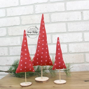 Red White Snowflakes Fabric Christmas Trees, Farmhouse Christmas decor, Set of 3, holiday Mantel decor, Birch Wood Slice base, Stuffed trees