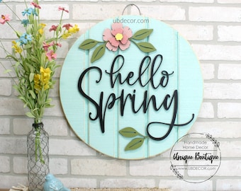Spring Wreath for front door, Hello Spring Door Hanger, Teal with pink flower, Rustic shiplap Front Door Sign, Wood Door Hanger, 19.5" Round