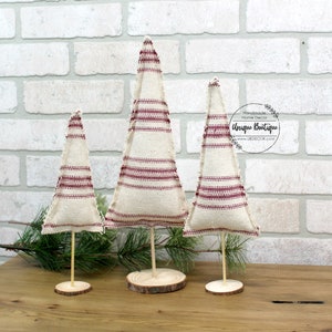 Neutral Red Stripe Grain sack Fabric Christmas Trees, Farmhouse Christmas decor, Set of 3, holiday Mantel decor, Birch Wood Slice base