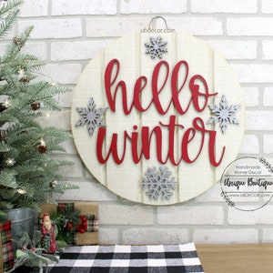 Red Hello Winter Door Sign, Snowflake door hanger, Wood Wreath for front door, Christmas Winter Wreath, 19.5", Farmhouse Front Door Decor