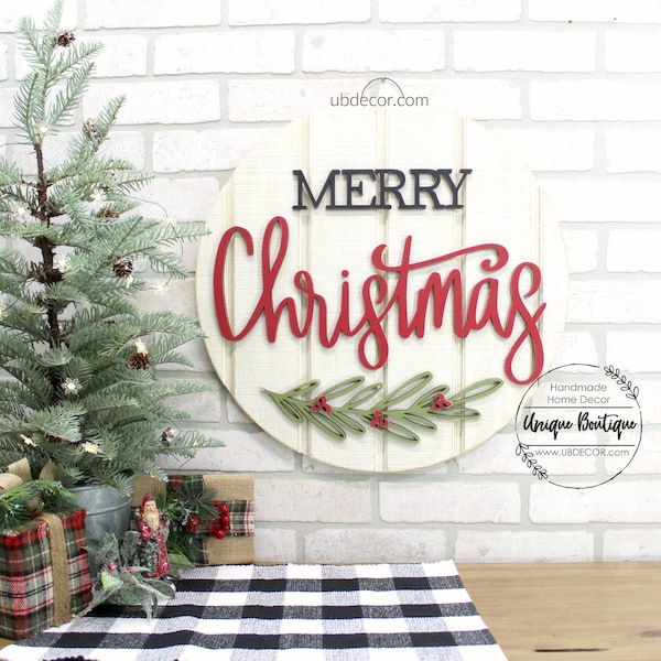 Merry Christmas Door Hanger, Christmas Door signs, Farmhouse Christmas Decor, Round wood shiplap sign, Wreath for front door decor, 19.5"