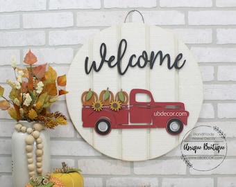 Red Truck Fall Door Sign, Pumpkin Truck Sign, Welcome Signs, Wreath for Fall, Round Fall Door Hanger, Farmhouse Fall Decor, Rustic wood sign