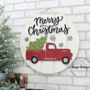 Red Truck Merry Christmas Door Sign, Farmhouse Wall Decor, Christmas winter Door Hanger, Rustic Christmas Wreath for front door, 19.5"