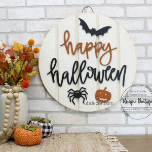 Happy Halloween Door Hanger, Rustic Fall Door Sign, pumpkin spider bat, wood shiplap sign, 19.5", Farmhouse wall Decor, Autumn Door Wreath