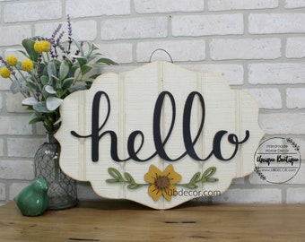 Hello Sign for Front Door, Modern Door Wreath, Hanging Wood sign, Front Door Decor, Mustard flower welcome sign, 3D lettering, 22x15