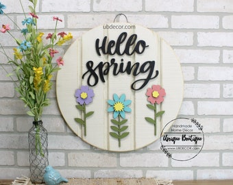 Hello Spring with Flowers Door Sign, Easter Door Hanger, Front Door Decor, Wood Shiplap Sign, 19.5" Round, Welcome Wreath for front door