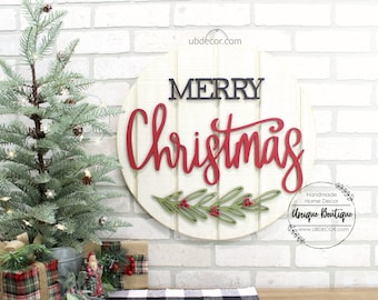 Merry Christmas Door Hanger, Christmas Door signs, Farmhouse Christmas Decor, Round wood shiplap sign, Wreath for front door decor, 19.5&quot;