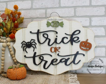 Trick or Treat Door Sign, Halloween Door hanger, pumpkin spider, Shiplap wood sign, Rustic Autumn Farmhouse wall Decor, wreaths for fall
