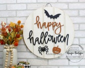 Happy Halloween Door Hanger, Rustic Fall Door Sign, pumpkin spider bat, wood shiplap sign, 19.5 quot , Farmhouse wall Decor, Autumn Door Wreath