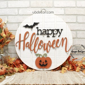 Happy Halloween Door Hanger, Rustic Fall Door Sign, Pumpkin Bat, wood shiplap sign, 19.5", Halloween Wreath, Autumn fall front door decor