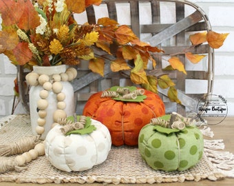 Polka Dot Pumpkins, Stuffed Fabric Pumpkins for Fall, Rustic autumn decor, Halloween decor, Farmhouse style, Set of 3 Pumpkins for Fall