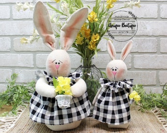 Buffalo plaid Fabric Easter Bunny, Farmhouse Easter decor, black white plaid, Stuffed Rabbit doll dress, Spring Easter Egg Bunny Decoration