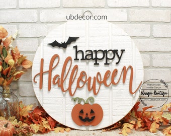 Happy Halloween Door Hanger, Rustic Fall Door Sign, Pumpkin Bat, wood shiplap sign, 19.5", Halloween Wreath, Autumn fall front door decor