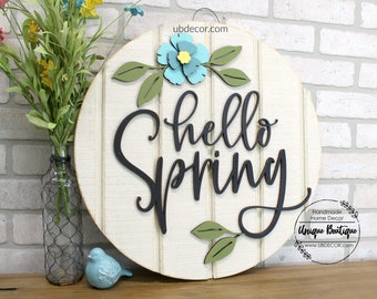 Hello Spring Door Hanger with Teal Blue flower, Rustic shiplap Front Door Sign, Wood Door Hanger, 19.5" Round, Easter Wreath for front door