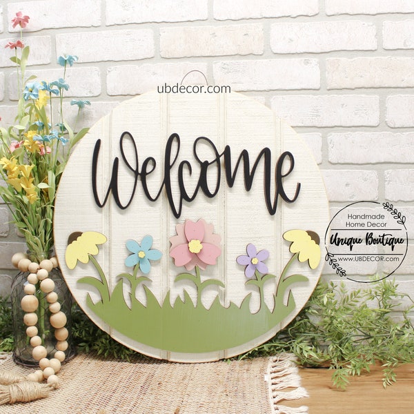 Spring Door Hanger with flowers, Front door decor, Welcome sign for front door, Spring Easter Wreath, 19.5" Round wood sign, front door sign