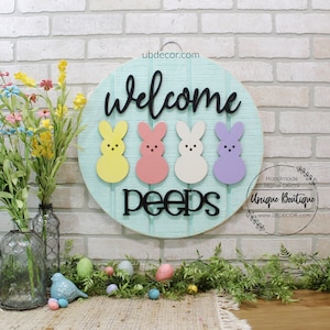 Welcome Peeps Sign, Happy Easter Bunny Door Decor, Spring door hanger, Wood shiplap sign, Spring Wreath for front door, Peep Bunnies Rabbit