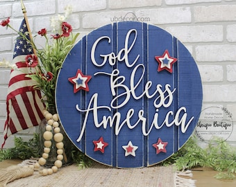 4th of July Wreath, Patriotic Door Hanger, God Bless America Star, Red white Blue, Fourth of July sign, Summer door sign, front door decor