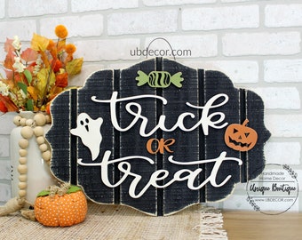 Trick or Treat Door Sign, Halloween Door hanger, pumpkin ghost, Shiplap wood sign, Rustic Autumn Farmhouse wall Decor, wreaths for fall