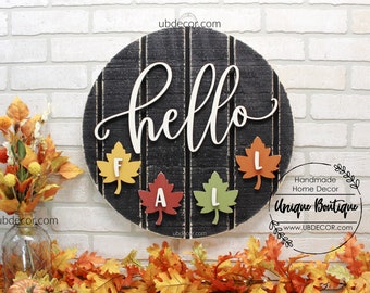 Hello Fall Door Hanger, Fall Wreath, Fall wreaths for front door, Autumn Fall Leaves, Rustic wood Shiplap sign, Front door decor, Halloween