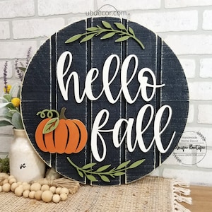 Front Door Decor, Hello Fall Door Sign, Fall Door Hanger, Hello Pumpkin sign, Rustic wood Shiplap sign, Halloween Fall Wreath for front door