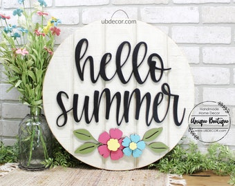 Hello Summer Door Hanger with Pink flower, Rustic shiplap Front Door Sign, Wood Door Hanger, 19.5" Round, Summer Wreath for front door, home