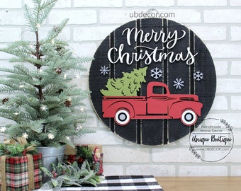 Red Truck with Tree door sign, Merry Christmas Door Hanger, Farmhouse Christmas Decor, 19.5", Front door Decor, Rustic Wreath for front door