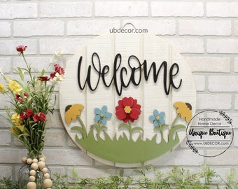 Summer Door Hanger with flowers, Front door decor, Welcome sign for front door, Front door Wreath, 19.5" Round wood sign, front door signs