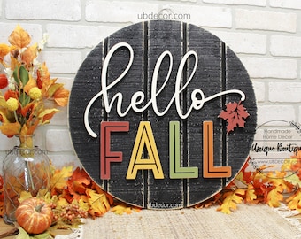 Fall Wreath, Hello Fall Door Hanger, Fall wreaths for front door, Autumn Fall Leaves, Rustic wood Shiplap sign, Front door decor, Halloween
