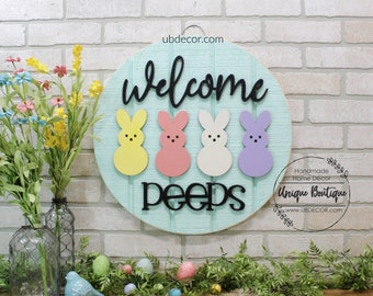 Welcome Peeps Sign, Happy Easter Bunny Door Decor, Spring door hanger, Wood shiplap sign, Spring Wreath for front door, Peep Bunnies Rabbit