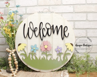 Spring Door Hanger with flowers, Front door decor, Welcome sign for front door, Spring Easter Wreath, 19.5" Round wood sign, front door sign