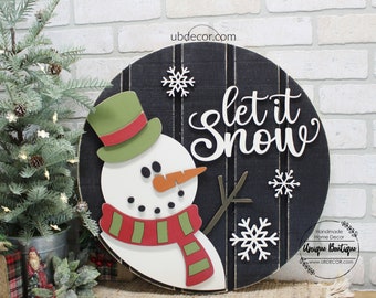 Snowman Christmas Door Hanger, Christmas Door sign, Let it Snow, Farmhouse Christmas Decor, Round wood sign, Wreath for front door decor