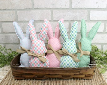 Fabric Easter Bunnies, Stuffed Bunny Rabbit, Spring Farmhouse decor, Easter Tiered Tray decor, bowl filler, buffalo check, Pastel polka dot