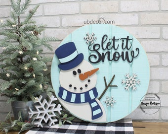 Snowman Winter Door Hanger, Christmas Door sign, Let it Snow, Farmhouse Christmas Decor, Round wood sign, Wreath for front door decor,