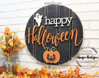 Happy Halloween Door Hanger, Rustic Fall Door Sign, Pumpkin Ghost, wood shiplap sign, 19.5", Halloween Wreath, Autumn fall front door decor