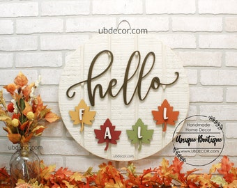 Hello Fall Door Hanger, Fall Wreath, Fall wreaths for front door, Autumn Fall Leaves, Rustic wood Shiplap sign, Front door decor, Halloween