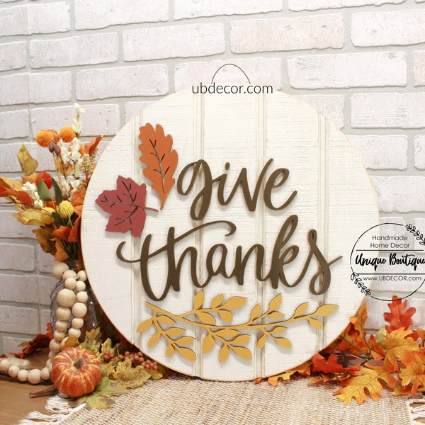 Give Thanks Door Sign, Fall Door Hanger, Autumn Fall Leaves, Rustic wood Shiplap sign, Front door decor, Thanksgiving Wreath for front door