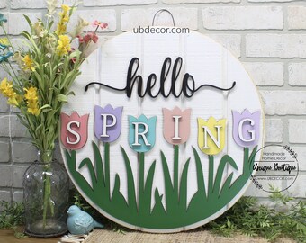 Hello Spring Door Hanger, Spring Tulips Wreath, Front door decor, Rustic Front Door Sign, 19.5" Round wood sign, Welcome Spring Flowers gift