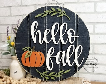 Front Door Decor, Hello Fall Door Sign, Fall Door Hanger, Hello Pumpkin sign, Rustic wood Shiplap sign, Halloween Fall Wreath for front door